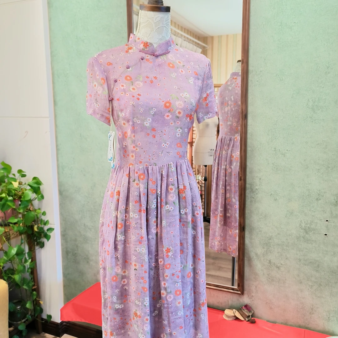 2025春夏新款苎麻中式改良旗袍裙设计定做透气轻薄 碎花收腰显瘦