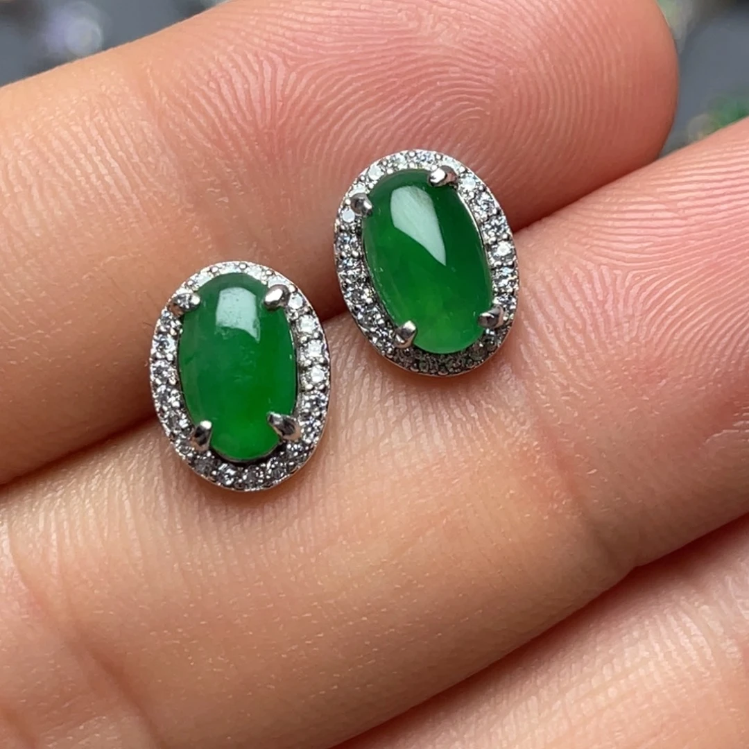 翡翠银S925镶嵌耳饰纯天然缅甸翡翠A货
