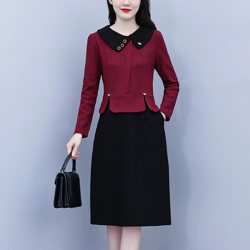 7801秋冬季新款大码中年妈妈装气质显瘦遮肉中长款假两件连衣裙