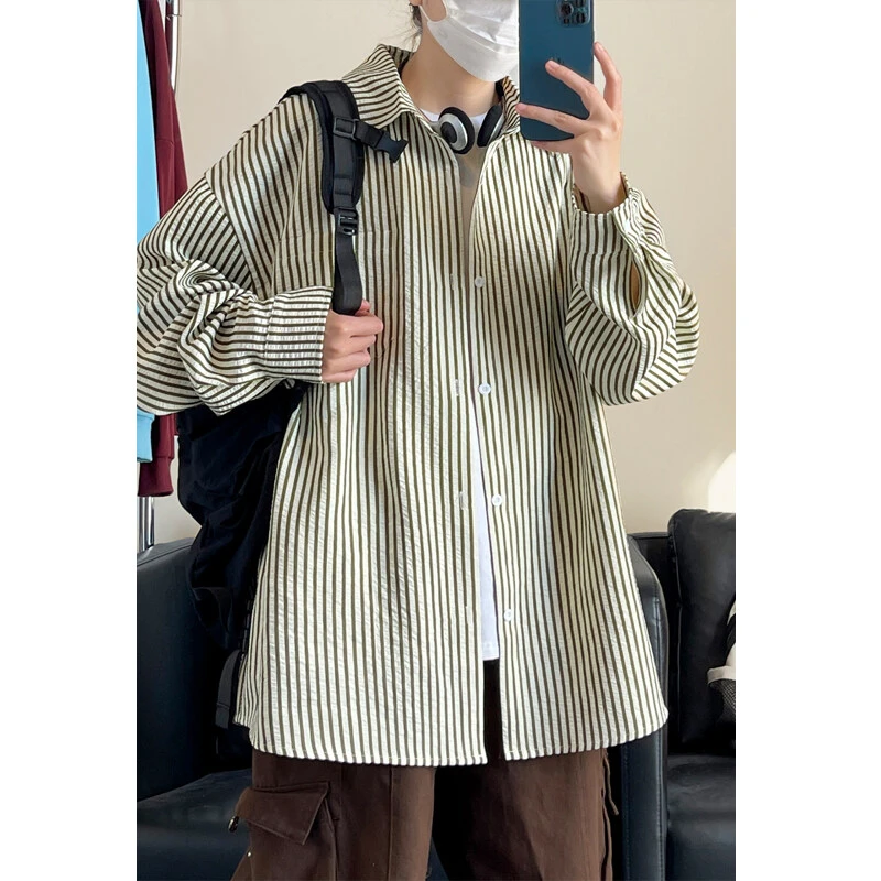更凡春夏复古条纹长袖衬衫男士宽松休闲工装上衣潮流外套长袖衬衣