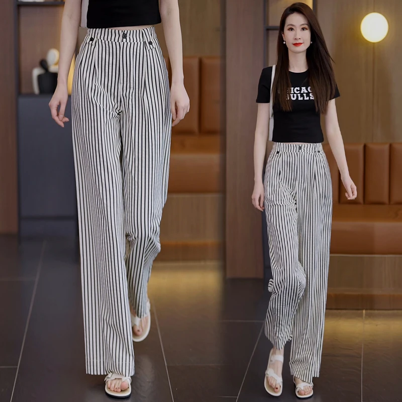 高腰条纹时尚亚麻阔腿裤女夏季2025新款松紧腰宽松垂感薄款直筒裤