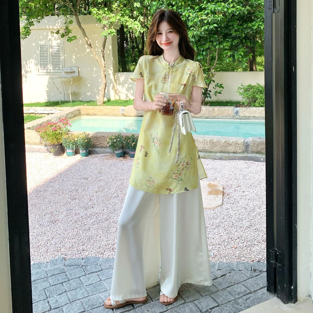 超好看新中式蝴蝶印花旗袍上衣套装女2025夏季民国风阔腿裤两件套