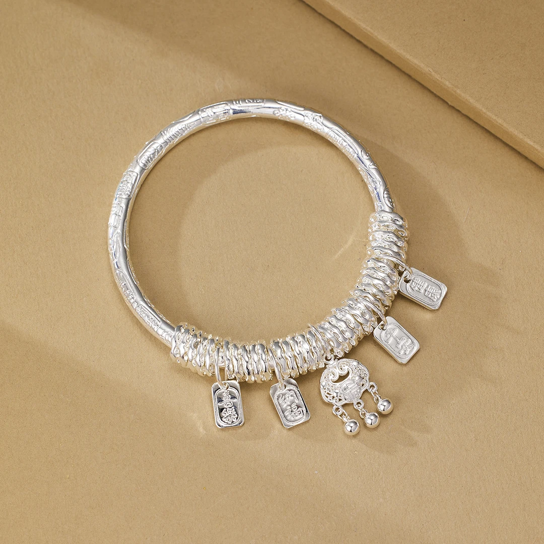 足银手镯 抖音热销纯银平安喜乐吉言盘缠手镯平安万贯国风镯子