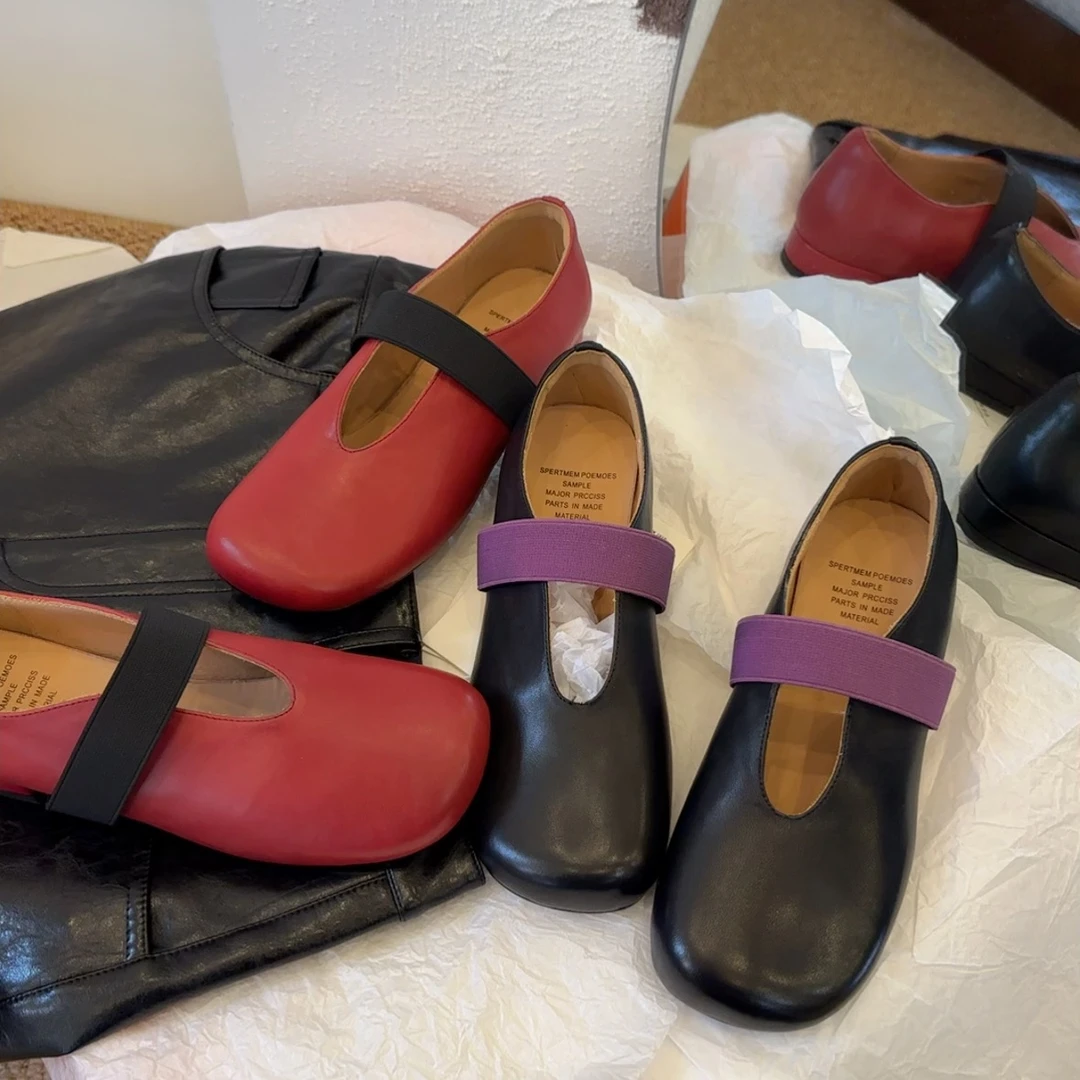 【王二今】牛皮2CM圆头一字带玛丽珍气质休闲芭蕾舞奶奶单鞋女001