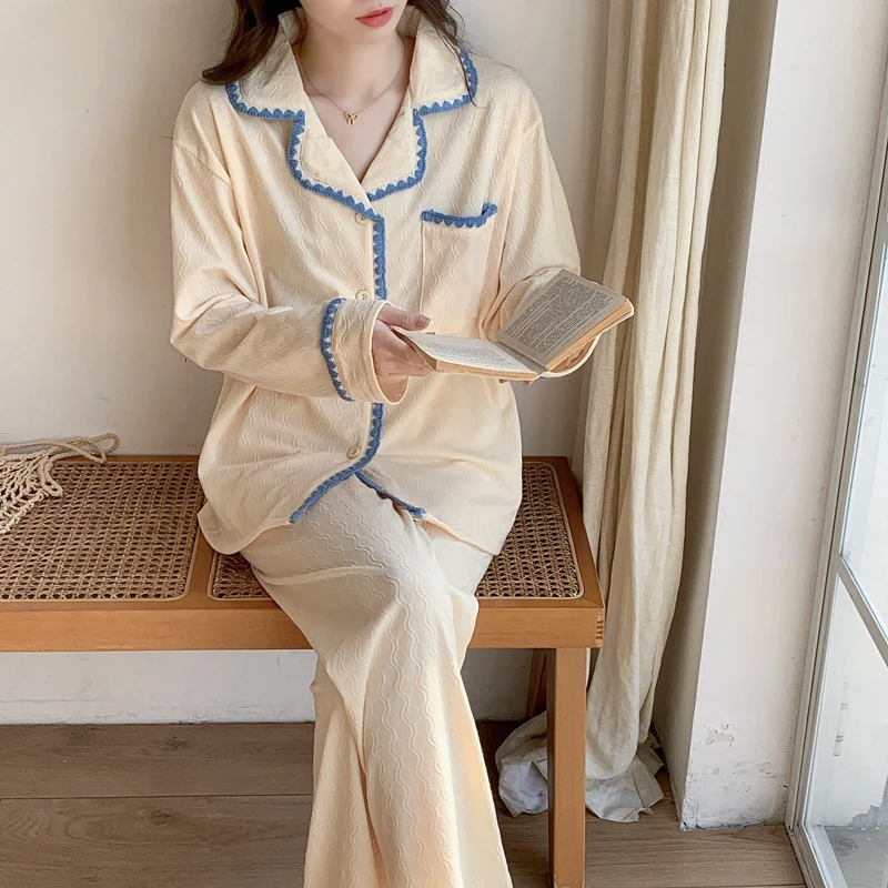 2025年春秋季新款提花棉睡衣女士休闲简约翻领长袖两件套装家居服