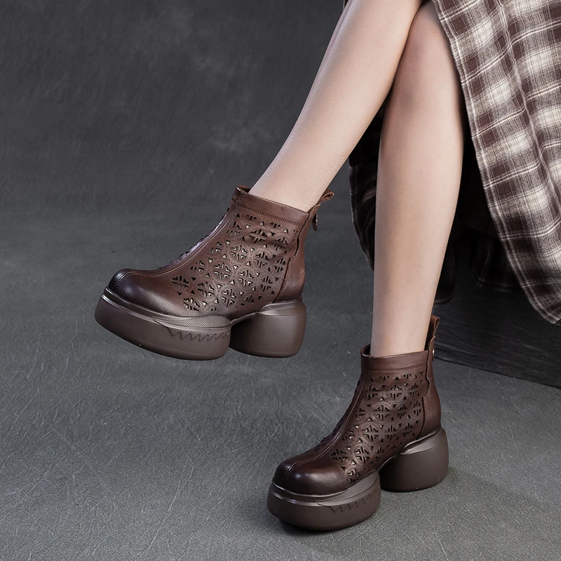 65563-1超轻复古女厚底头层牛皮真皮凉鞋洞洞鞋软底夏季短靴女款