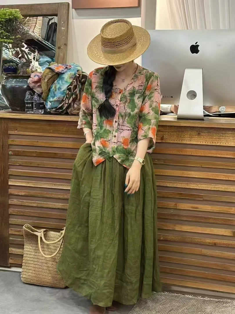 2025夏季新款中式文艺风晕染印花苎麻短款开衫时尚减龄洋气百搭