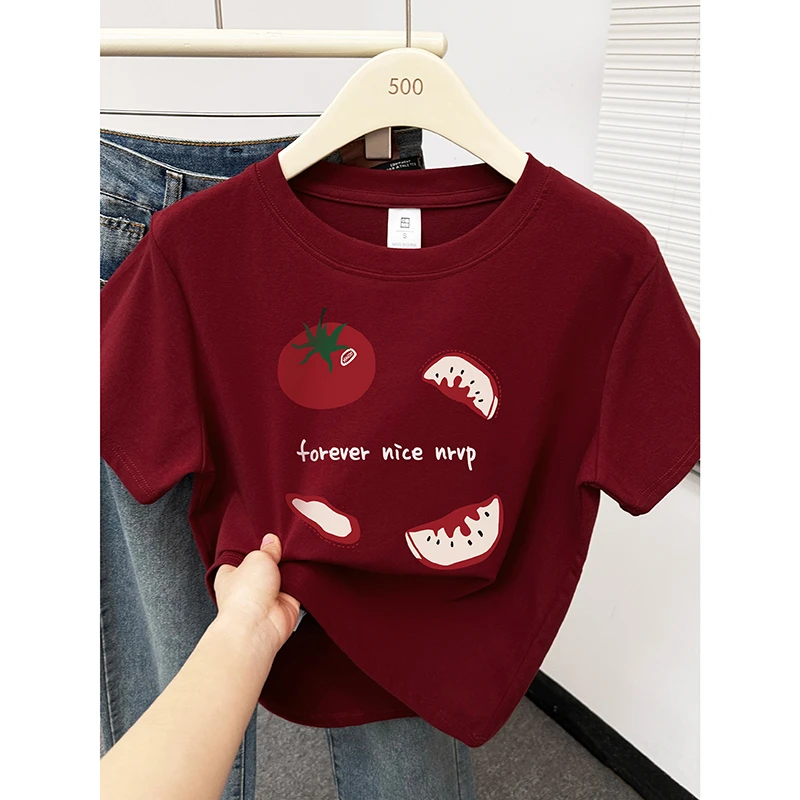 安哥拉红夏季新款正肩短袖t恤女装2025显瘦体恤小衫趣味印花时髦