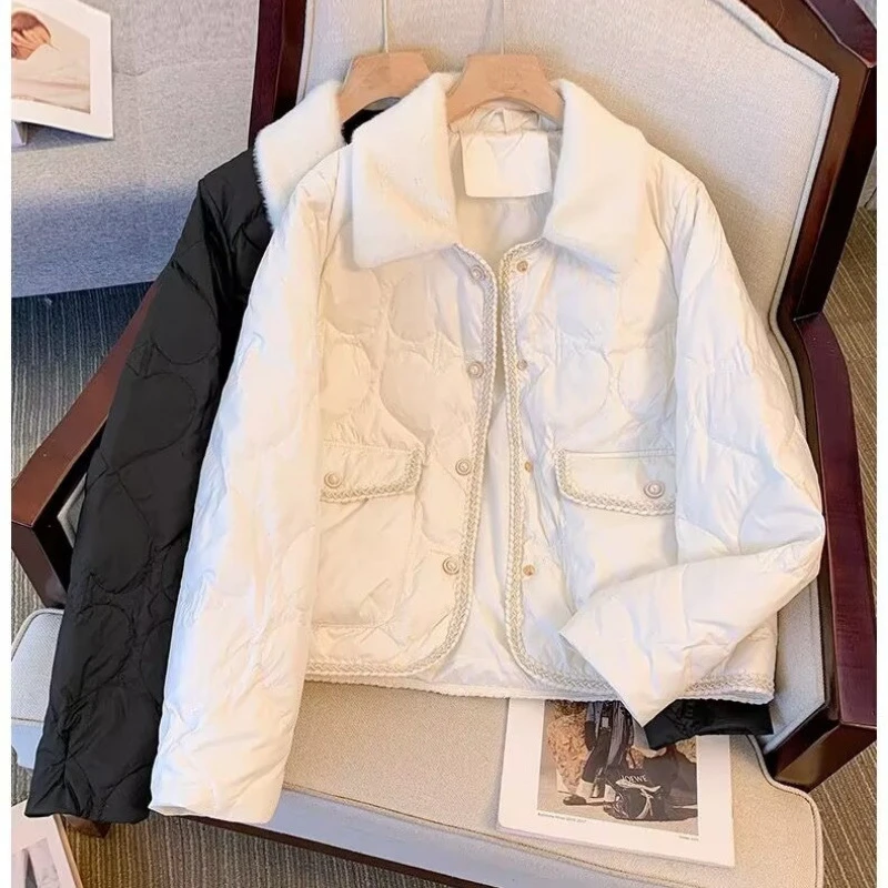 新款香风时尚百搭绗绣女上衣冬季轻薄棉服翻领小个子棉衣外套
