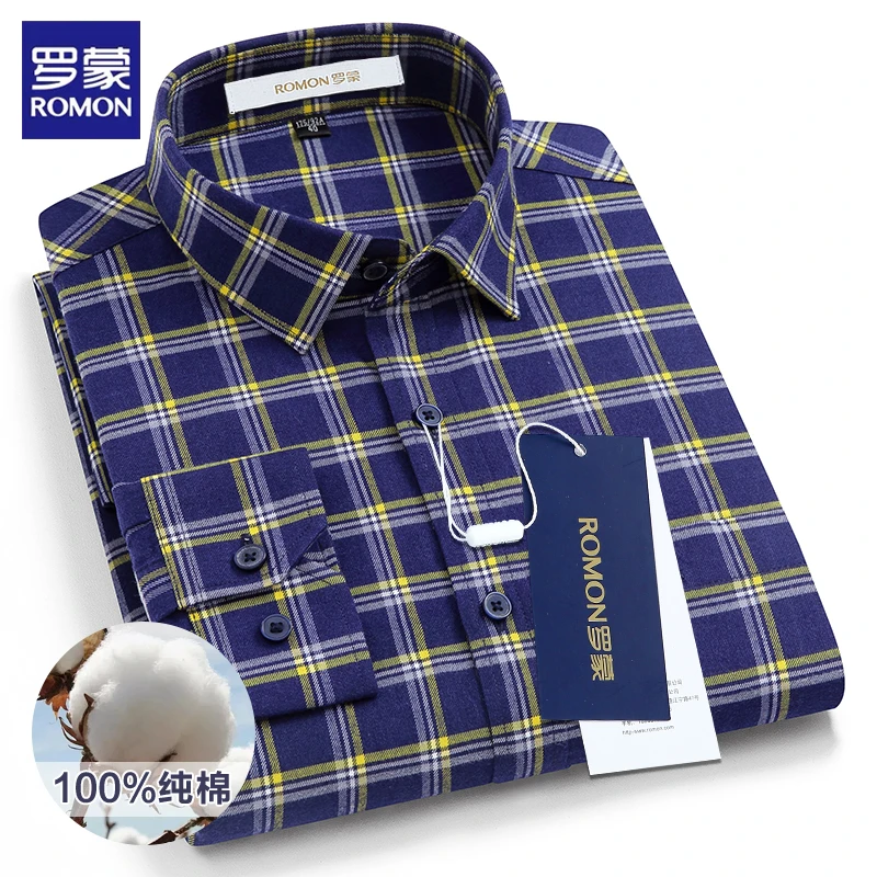 罗蒙2025秋款男士100%纯棉磨毛休闲衬衫中年轻奢商务长袖格子衬衣