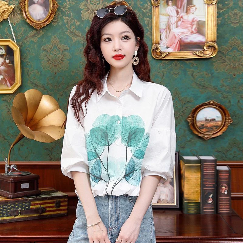 印花衬衫衬衣女中袖夏季2025时尚新款洋气百搭减龄上衣宽松显瘦