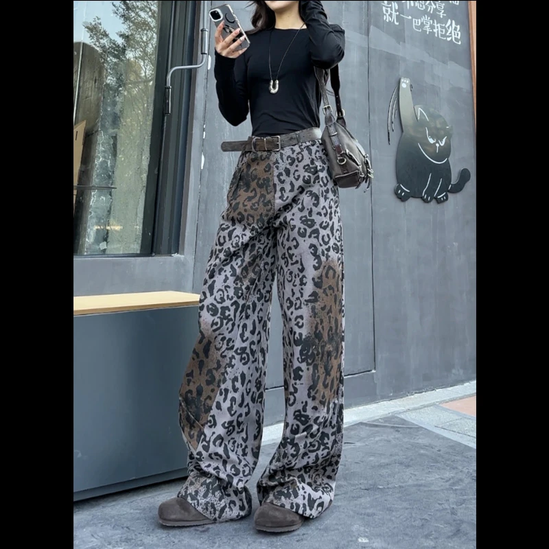 【现货】11336设计款粉色豹纹牛仔裤2025春季新款显瘦扎染直筒裤