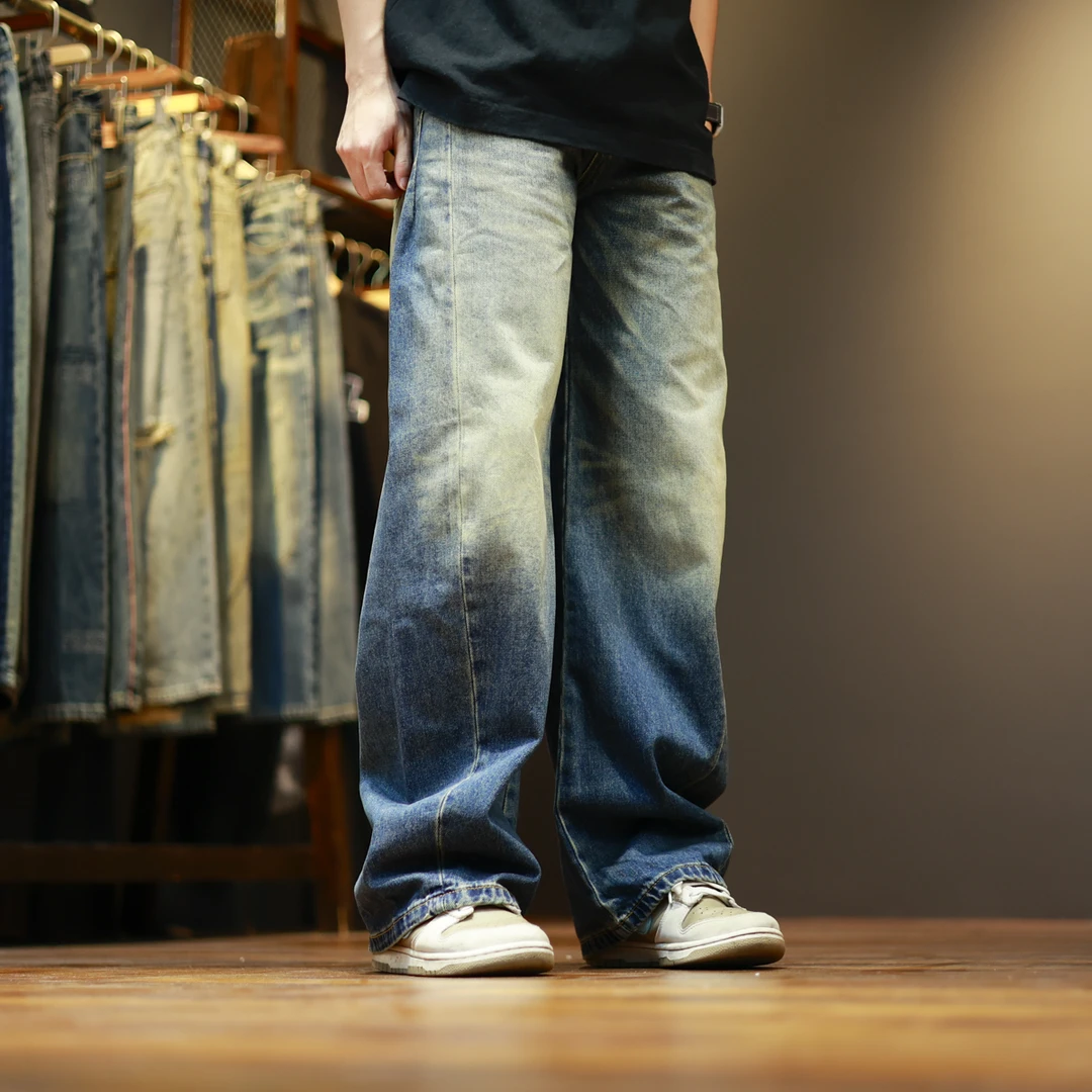 9106美式高街水洗宽松复古做旧百搭潮流休闲弯刀牛仔裤