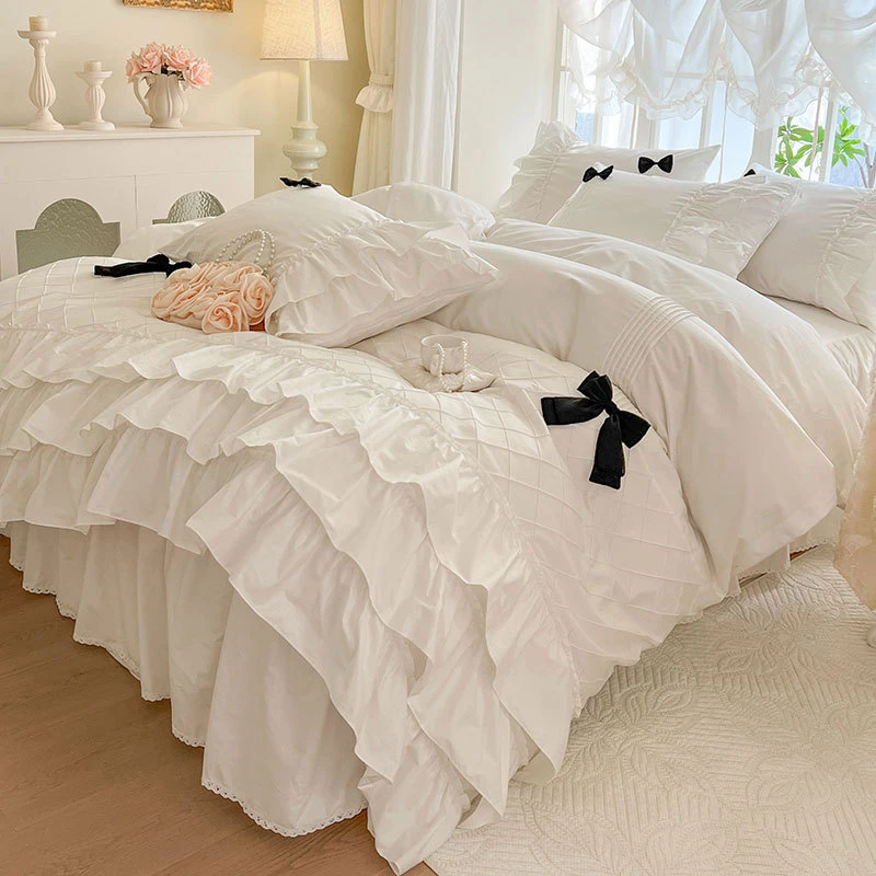 公主风四件套纯白色床裙款床罩花边床单法式网红全棉100%棉4件套