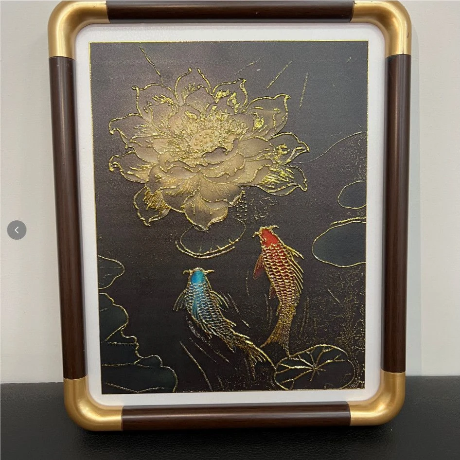新中式荷花鲤鱼皮革肌理立体摆台走廊客厅玄关摆台装饰画荷花鲤鱼