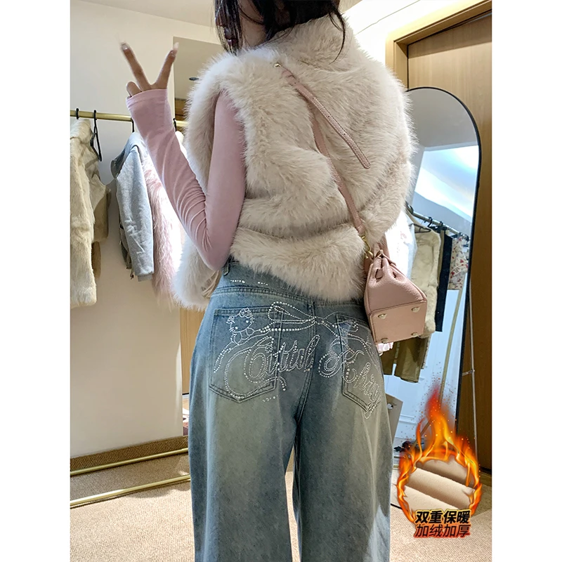 加绒闪钻猫咪牛仔阔腿裤女2025冬季新款时髦感高腰显瘦慵懒拖地裤