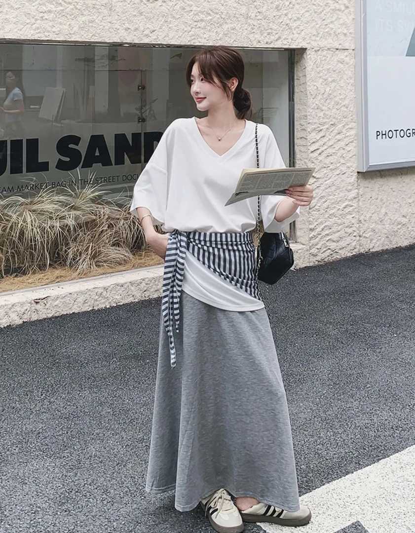 长袖时尚套装休闲风宽松韩系风夏季简约衬衫好看黑白三件套韩版