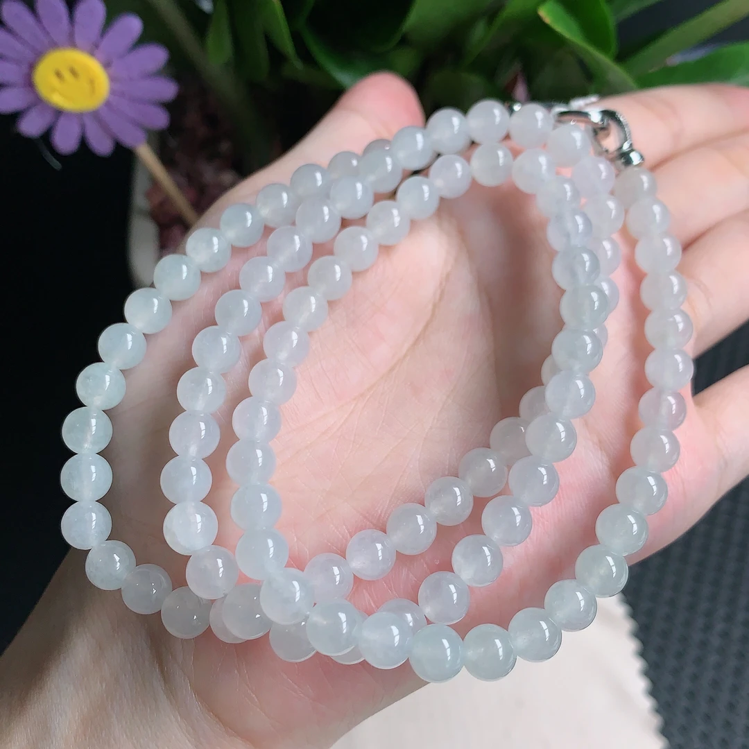 天然A货翡翠，冰种珠子项链6.8mm0819白色气质冰透长链时尚