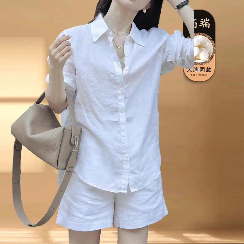 白色衬衫高端亚麻套装女2025夏季气质简约休闲防晒衬衣短裤两件套