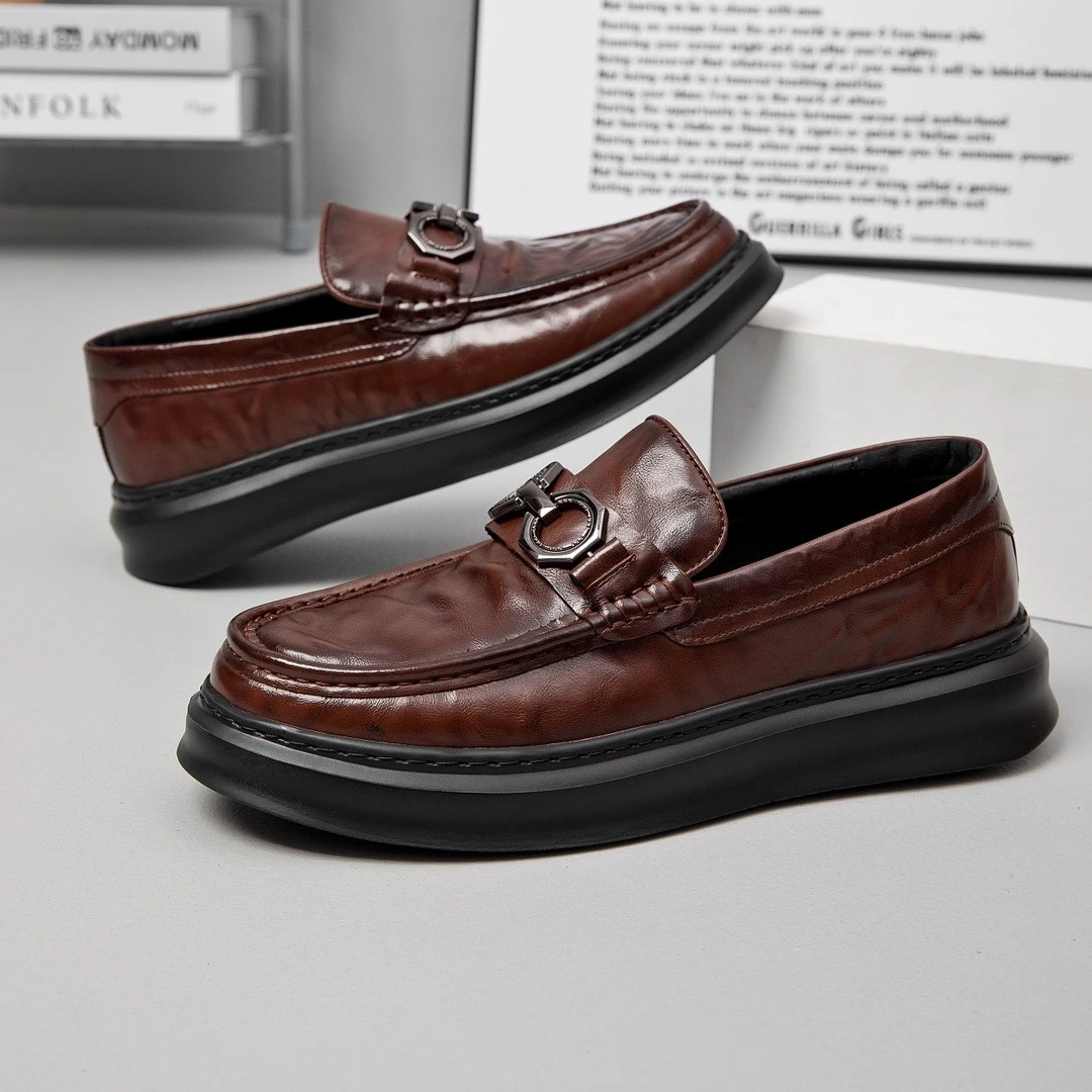 新款时尚潮鞋男鞋豆豆鞋一脚蹬厚底轻质皮鞋商务休闲低帮百搭男士