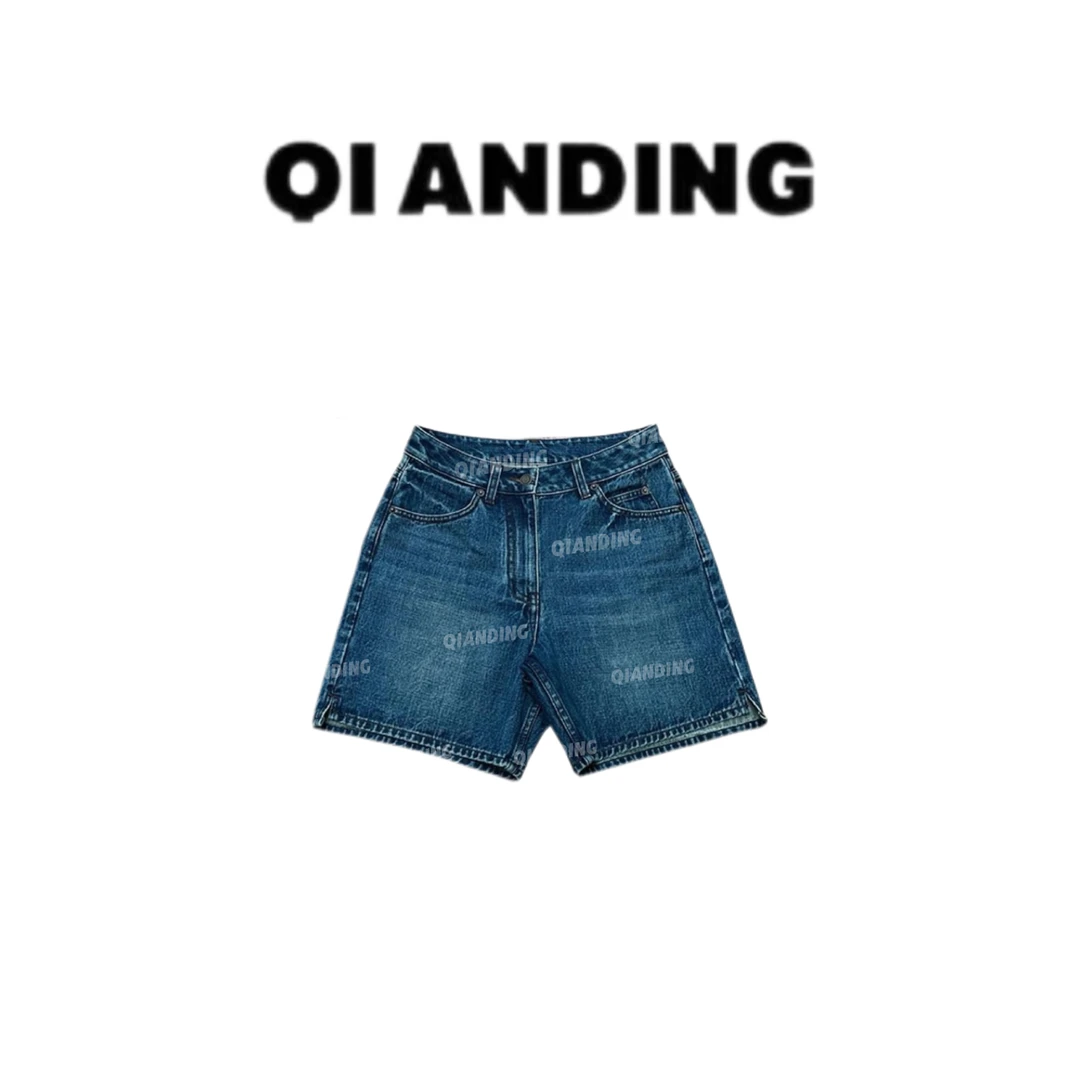 【QIANDING】复古休闲磨白水洗小开衩牛仔短裤A2571