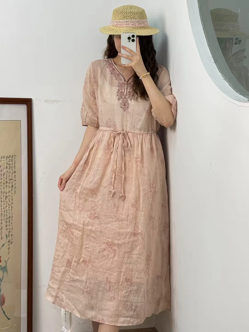 苎麻连衣裙新款夏季女长裙碎花刺绣文艺甜美气质莼苎麻宽松显瘦