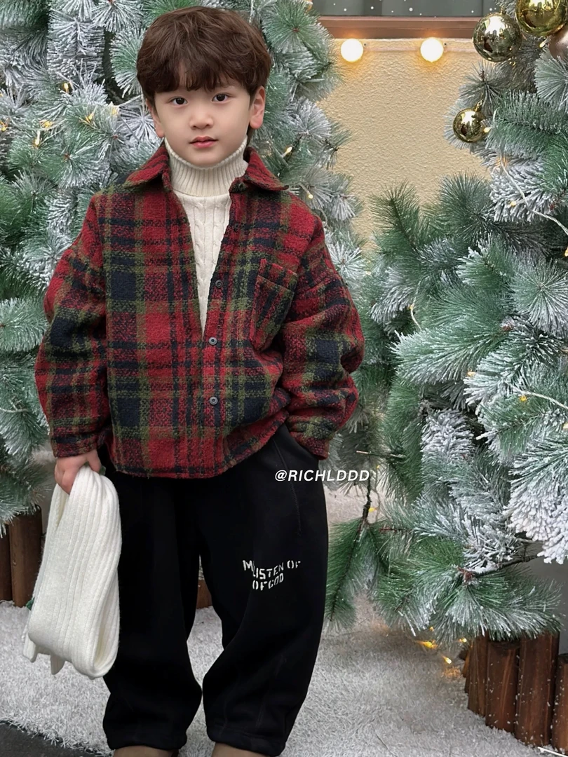 no退NO换：爱丁堡冬日2024冬韩时髦圣诞格子加绒衬衫外套1196