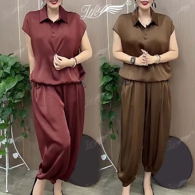 中老年妈妈套装2025夏季新款翻领T恤哈伦裤时尚休闲减龄两件套女
