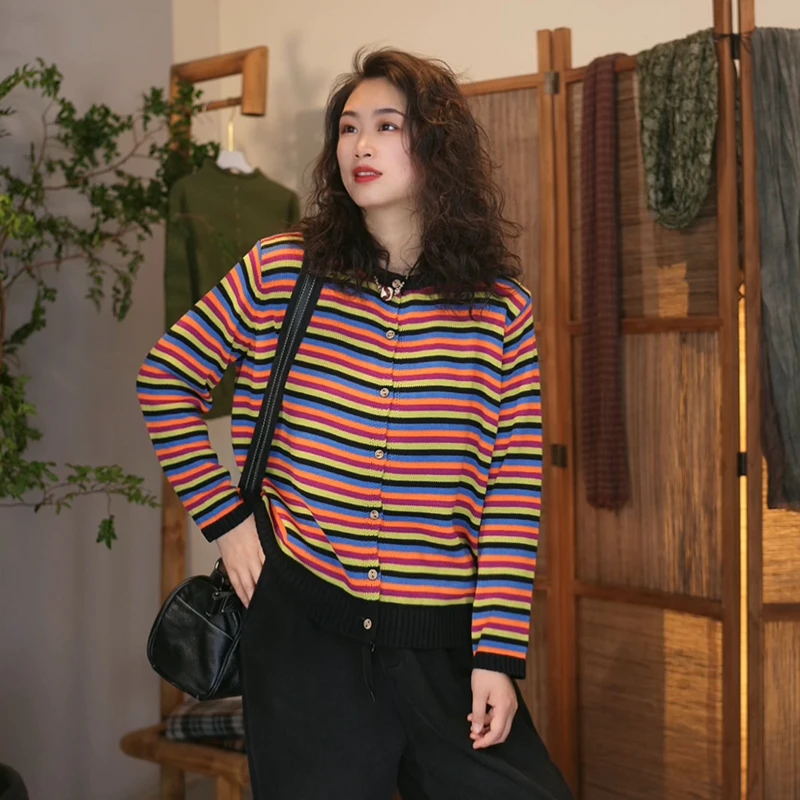 【佐梦】212圆领开衫条纹撞色休闲针织衫百搭春款显瘦线衣女上衣