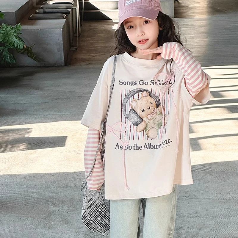 女童t恤长袖春秋2025新款女大童甜美韩系上衣儿童春装假两件衣服