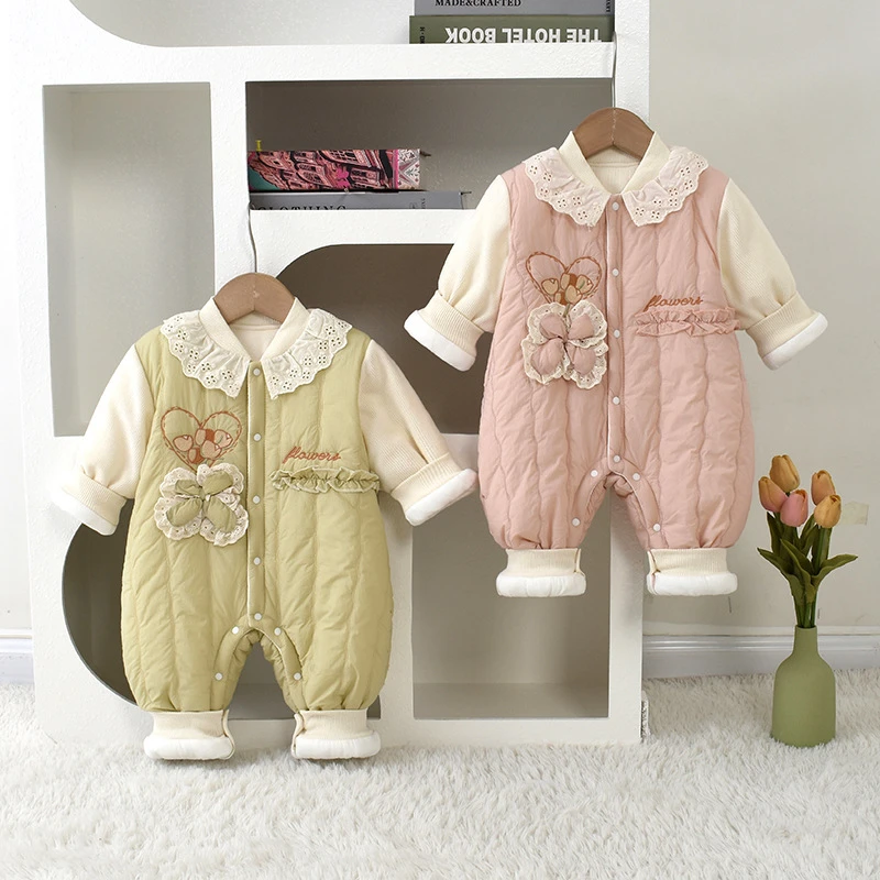 120克夹棉女宝宝连体衣加厚公主外出爬服超萌新生婴儿秋冬抱衣