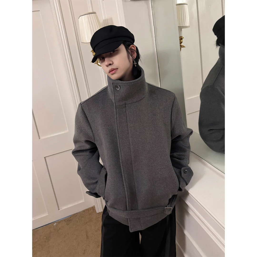 BALITONE“雾凇”原创多形态70羊毛混纺灰色绑带廓形立领毛呢外套