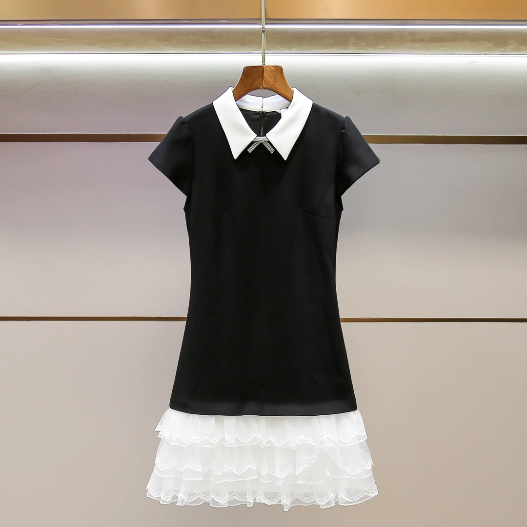 2025夏新款甜美撞色翻领立体蕾丝下摆拼接连衣裙 LA13443