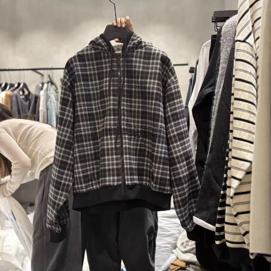 tug韩国东大门25年秋冬季英伦格子连帽复古款双头拉链宽松外套女