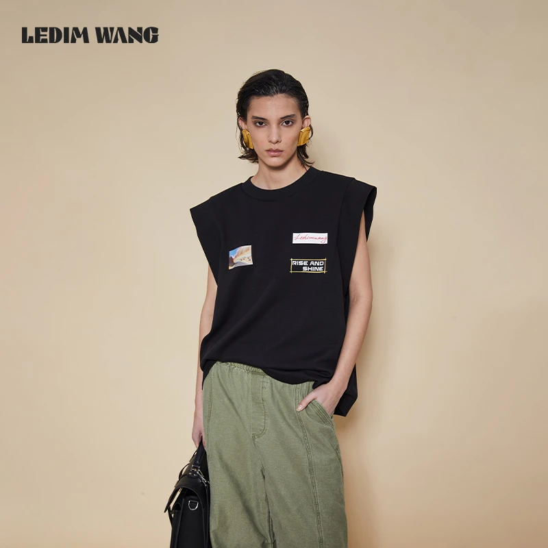 ledim wang飞边无袖印花T恤女款舒适垫肩休闲宽松百搭设计感上衣