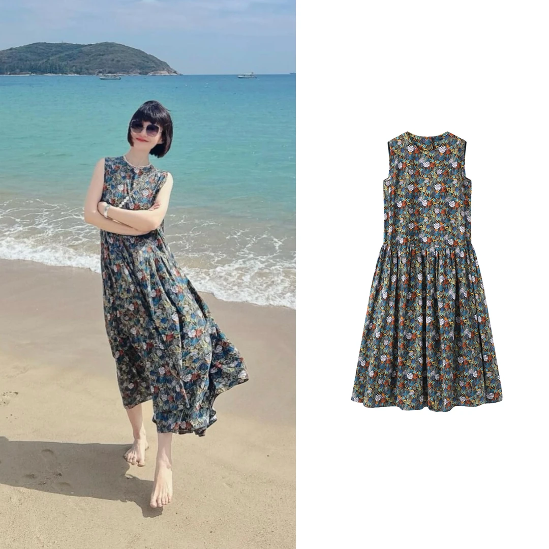 【0313】2025夏季新款无袖碎花印花遮肉显瘦时尚洋气连衣裙长裙女