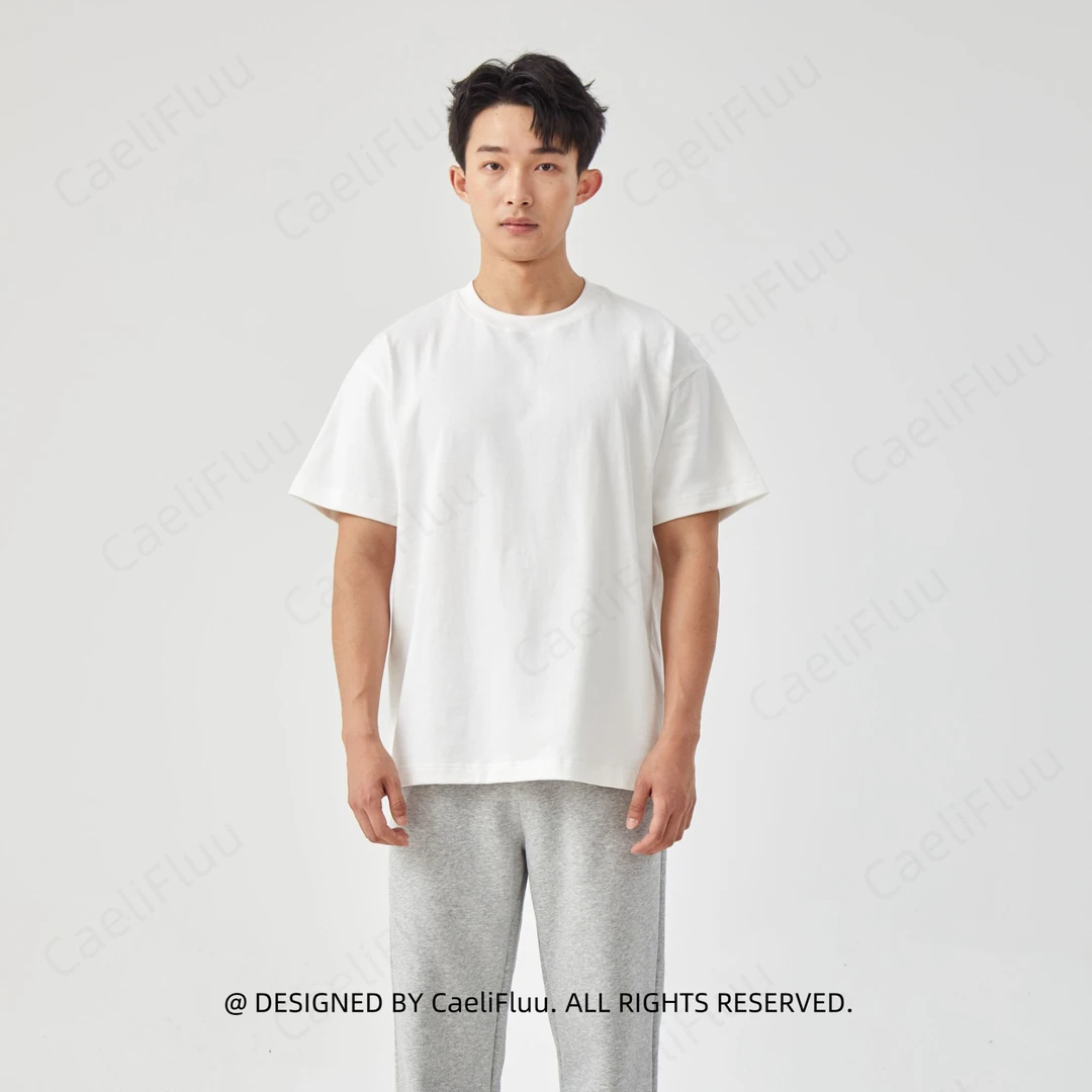 CaeliFluu100%棉夏季潮流新款轻奢短袖男装男生T恤针织宽松高克重