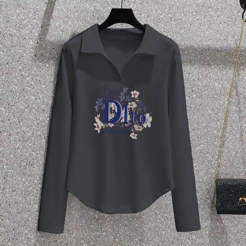 2025春秋冬新款100%纯棉宽松百搭简约洋气打底衫女长袖POLO领上衣