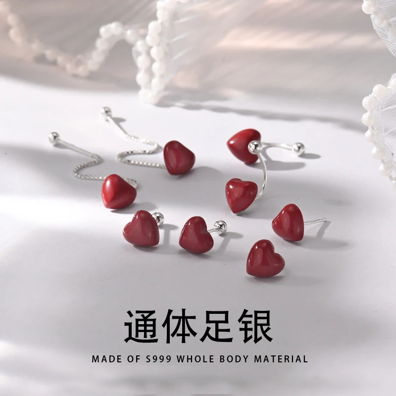 足银耳饰 S999银 小众可爱安可拉红爱心耳骨钉耳线高级设计感耳饰