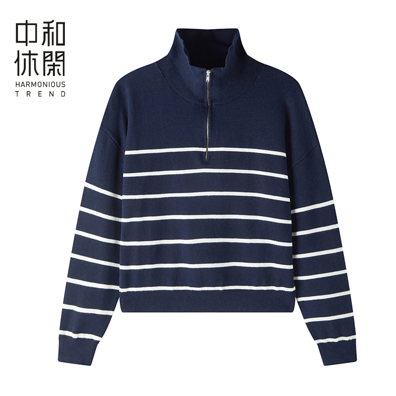 中和休闲翻领针织衫女2025春季新款宽松显瘦毛衣韩版条纹套头衫潮