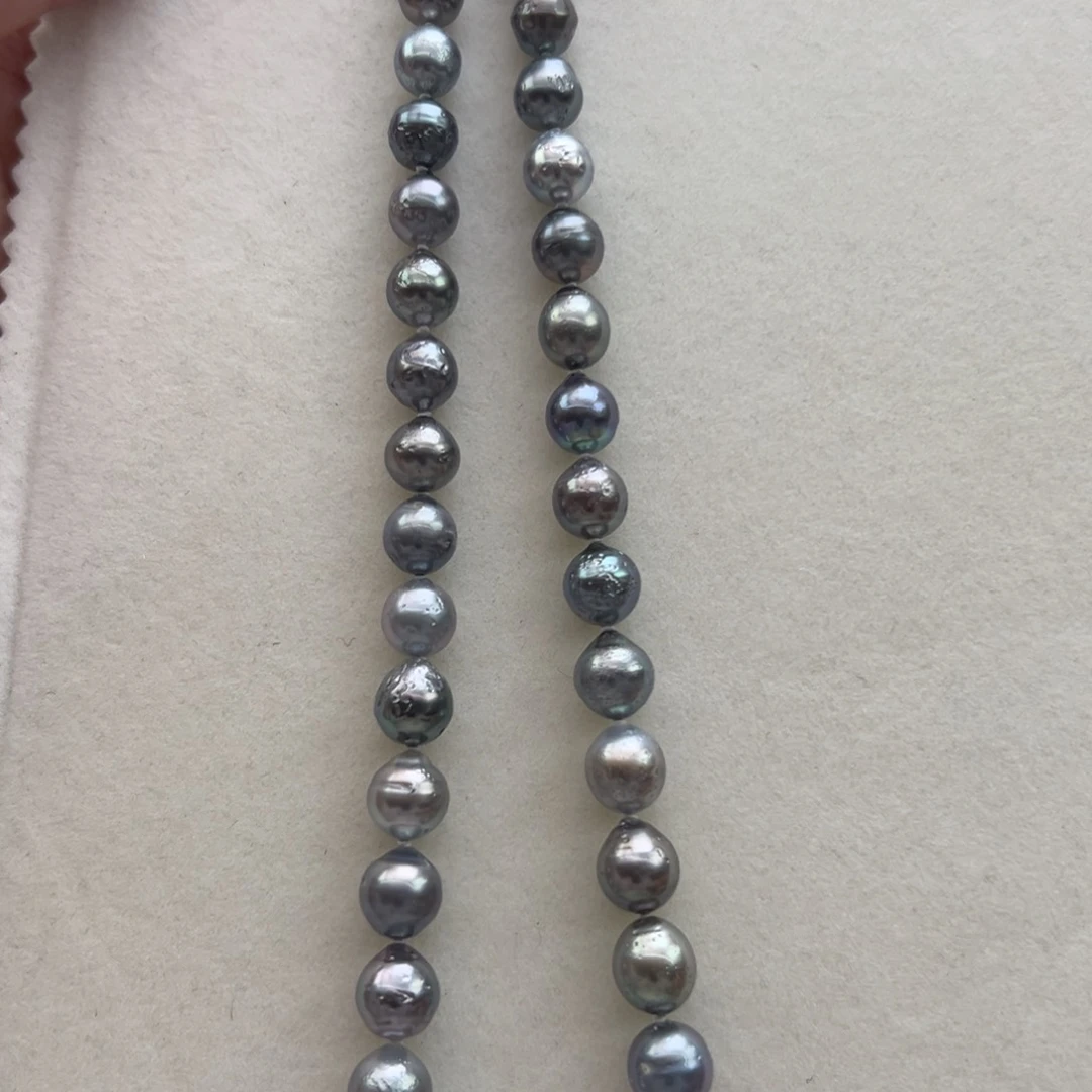 银S925镶嵌项链海水珍珠8-10.5mm大溪地混彩螺纹项链