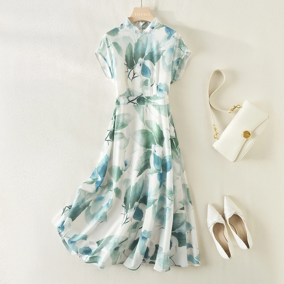 IHIMI2025夏季新款优雅时尚气质国风中式印花收腰显瘦连衣裙4068
