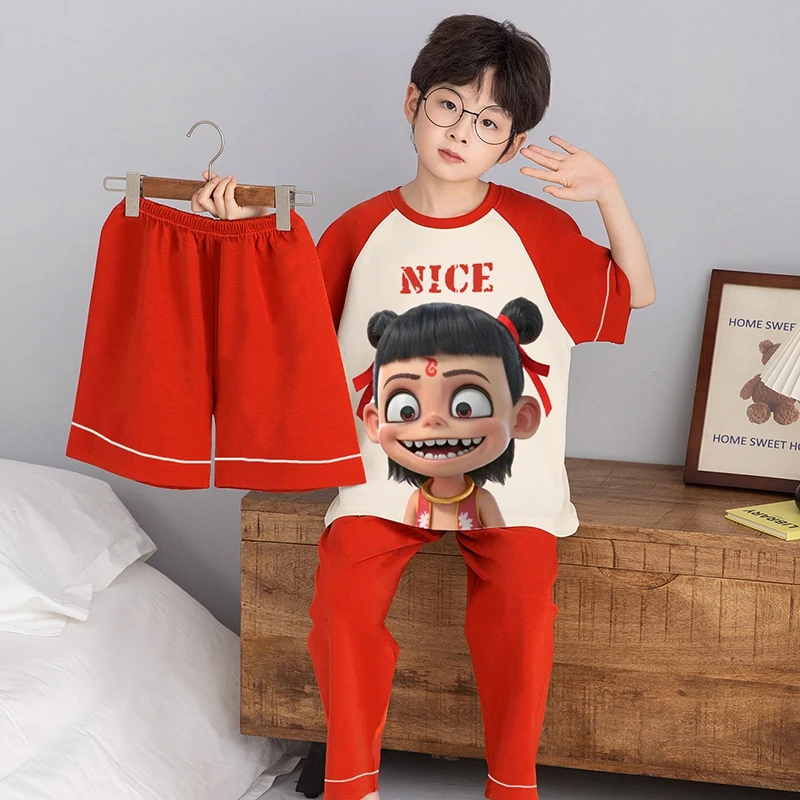 2025新款哪吒儿童睡衣小男孩纯棉薄款夏季男童中大童三件套家居服