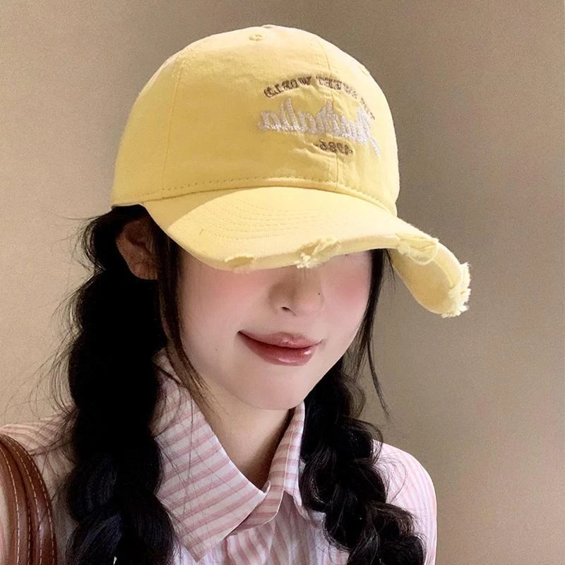 繁星！字母刺绣奶黄色女显脸小鸭舌帽大帽檐韩版大头围破洞帽子潮