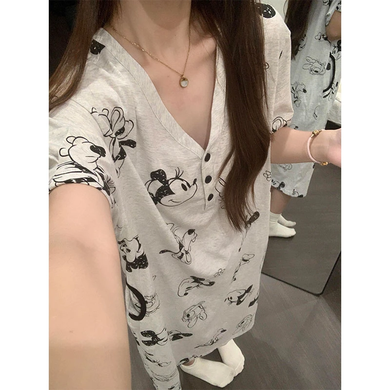韩系可爱甜美休闲米奇睡裙女夏季新款宽松短袖连衣裙家居服可外穿
