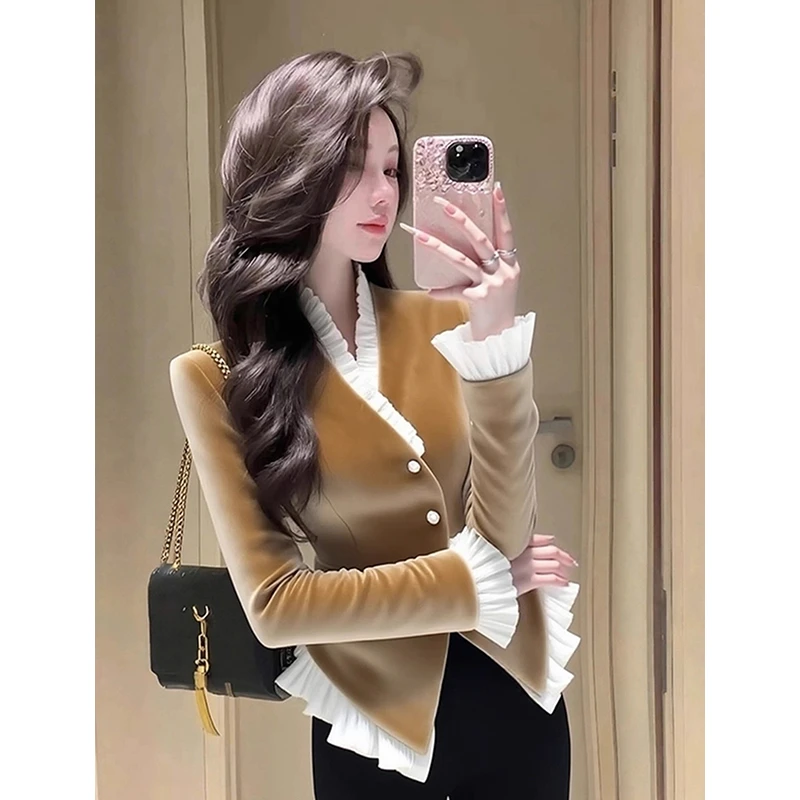 卡其色丝绒衬衫女冬季轻奢名媛高级感撞色拼接内搭法式掐腰上衣