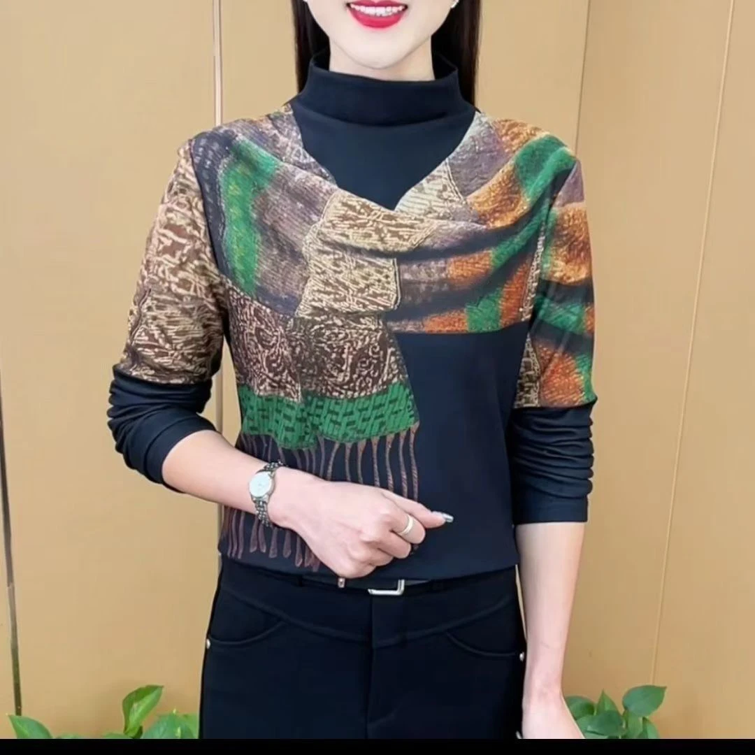 德绒设计感印花2025年双面上衣半高领遮肚子中老年显瘦秋冬有弹力