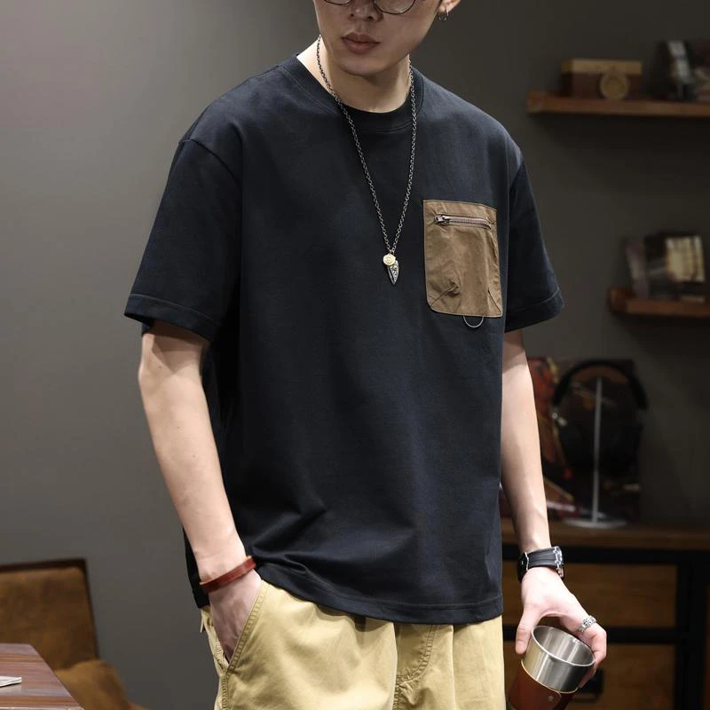 LEIGHZ/雷茨短袖t恤男士夏季新款潮牌工装口袋上衣宽松休闲五分袖