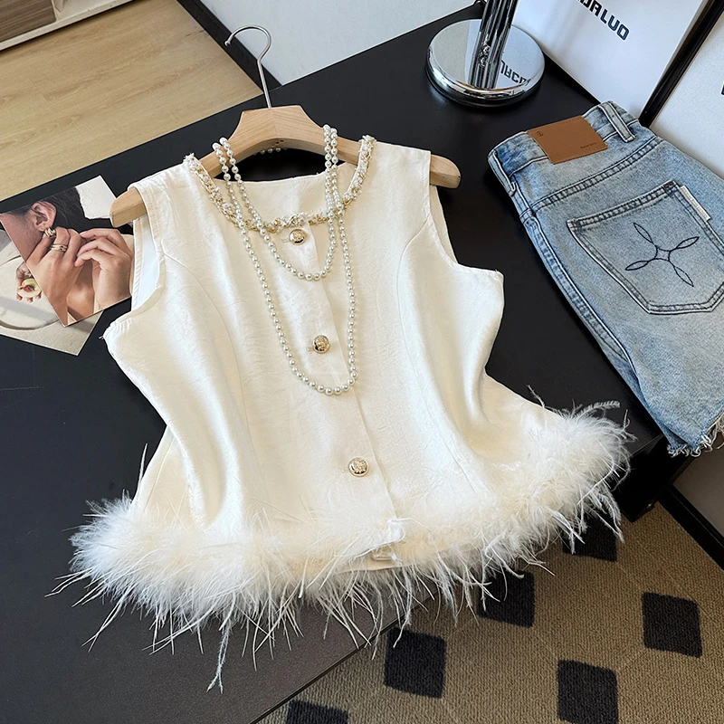 新中式国风鸵鸟毛圆领钉珠马甲外套女秋季坎肩复古无袖外套上衣女