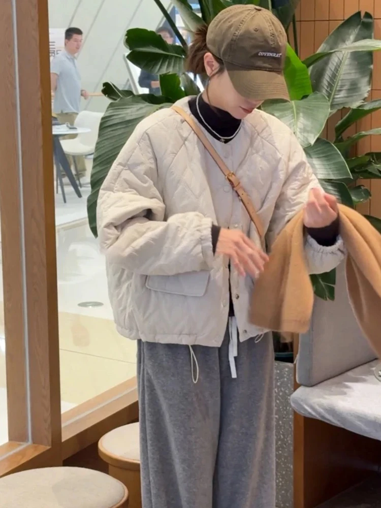 保暖夹棉韩系菱格棉服女短款2025新款小个子休闲百搭加厚棉衣外套